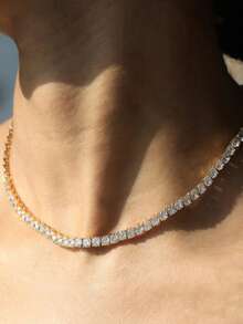 1 Pc 3mm-4mm Top Hip Hop Four Claw Moissanite Rhinestone Tennis Chain Necklace, Adjustable Clavicle Necklace (S925 Sterling Silver), Sparkling Light, Luxury High-End, Exquisite And Fine, Women's Jewelry Gift - Full Diamond Necklace - View 5
