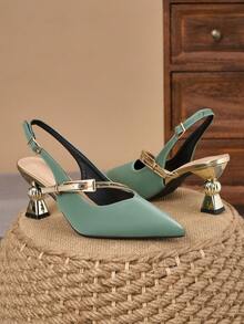 WHDXY Sandalias de punta puntiaguda sin respaldo de color verde menta para mujeres, tacones altos asimétricos con hebilla metálica, elegantes bombas para ir al trabajo y citas - verde menta - Ver 4