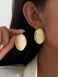 一对复古法式几何椭圆形树脂宝石耳钉，优雅时尚的女士首饰，适合日常佩戴、派对、节日礼物 - 米色 - 查看 6
