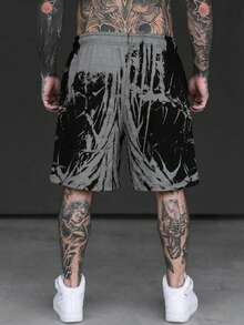 FRACTYR 男士夏季休闲街头时尚红黑荆棘死亡金属图案宽松透气印花短裤 - 黑色 - 查看 5