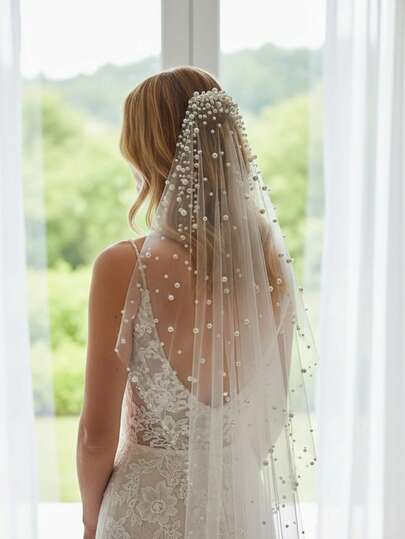 1pc 125cm Mid-Length Beaded Single Layer Bridal Veil, 2026 New Wedding Veil Accessory