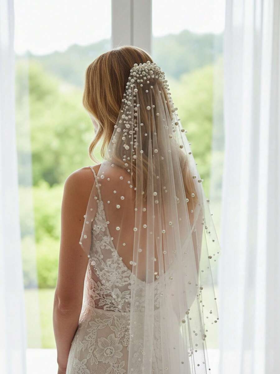 1pc 125cm Mid-Length Beaded Single Layer Bridal Veil, 2026 New Wedding Veil Accessory - Multicolor - Beige - View 1