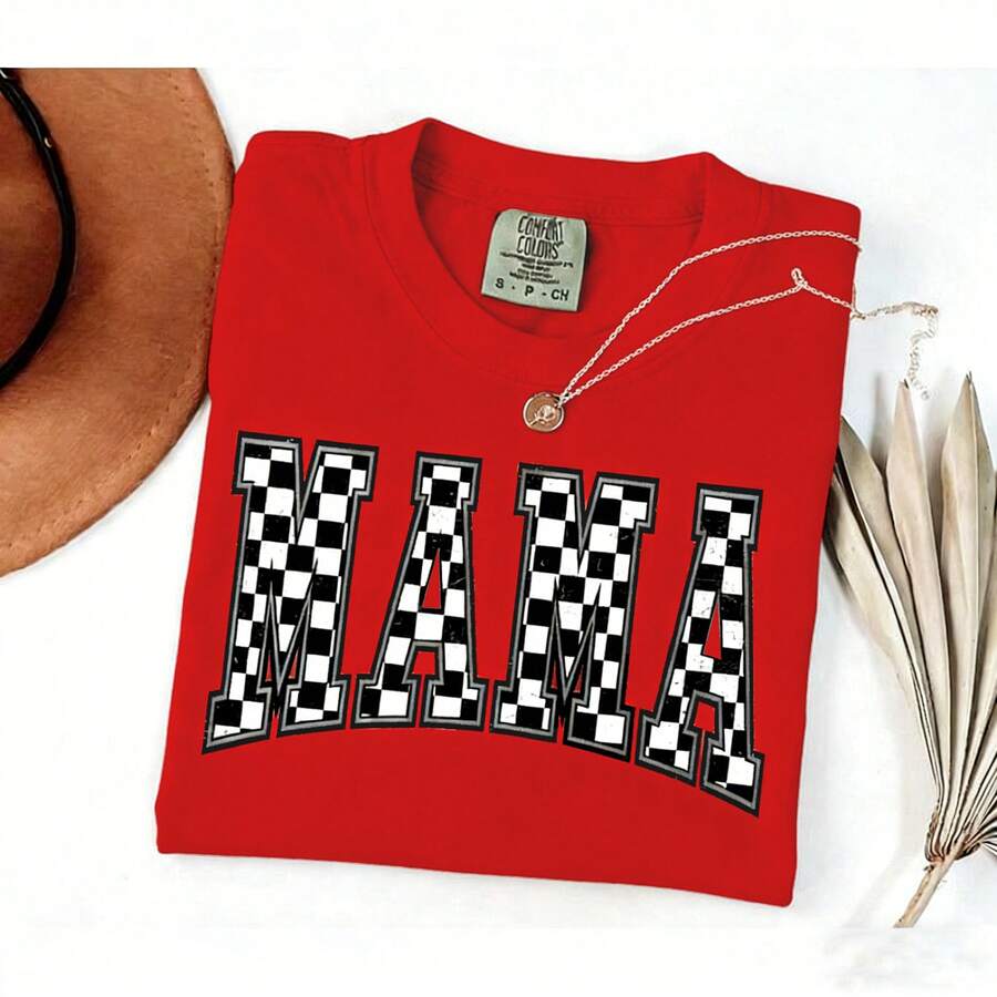 [100% Cotton] VPRNT  Checkered Mama Shirt, Gift For Mom, Retro Mom Shirt, Mother's Day Gift, Vintage Checkered Shirt,  Tee, Full Colors, Summer & Fall & Winter Styles Short Sleeve Tops - Unisex Women's & Men's Campus Daily Wear - 紅色 - 查看 1