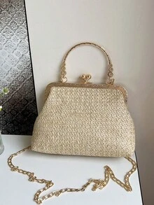 Túi xách đeo vai, túi tote, túi đi biển thời trang làm từ chất liệu rơm, có khóa kéo. - Màu Khaki - Xem 5