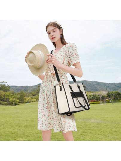 Túi tote vải bố 15,6 inch, chống thấm nước, dung tích lớn, cặp tài liệu văn phòng nhẹ, túi đựng laptop công sở, túi đeo vai thời trang, phù hợp cho công việc, trường học, sử dụng hàng ngày và đi chơi, màu đen.