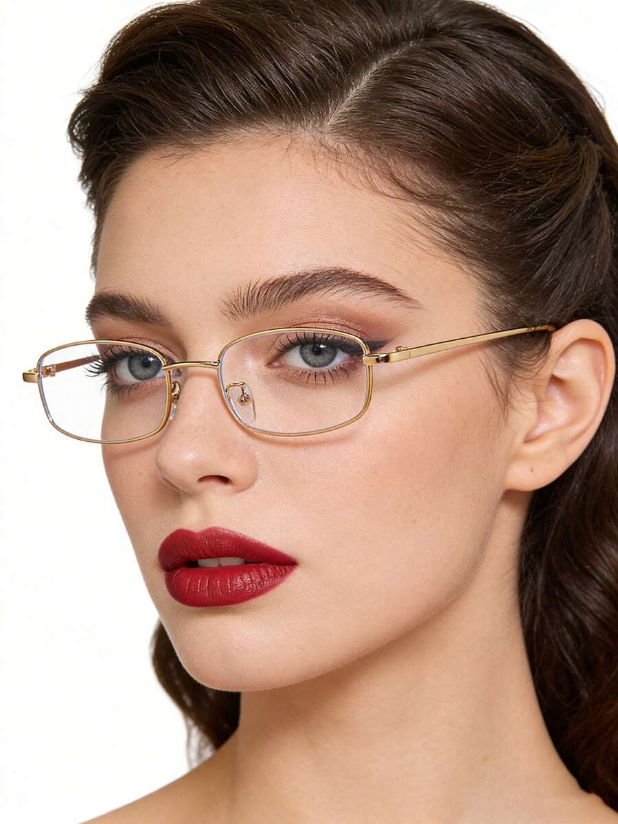 1pc Women Casual Retro Square Metal Small Frame Fashion Gold Flat Glasses, Suitable For Daily Wear And Street Photography - Champagne - View 1
