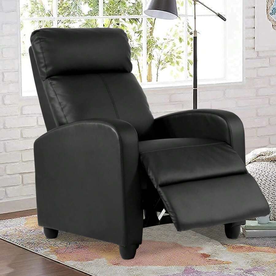 Small Recliner Chair For Adults, PU Leather Modern Recliner For Living Room, Comfortable Single Sofa With Adjustable Backrest & Padded Armrests For Bedroom Home Theater– Black - 普黑 - 查看 1