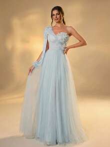 Women's Asymmetrical Neck Long Tulle Dress With Appliques And Lace-Up Back - Baby Blue - View 5