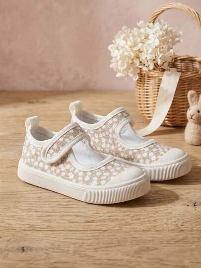 1 Pair Baby Girls' Cute Floral Canvas Casual Low-Top Sneakers, Comfortable For Outdoor Wear In Spring And Autumn