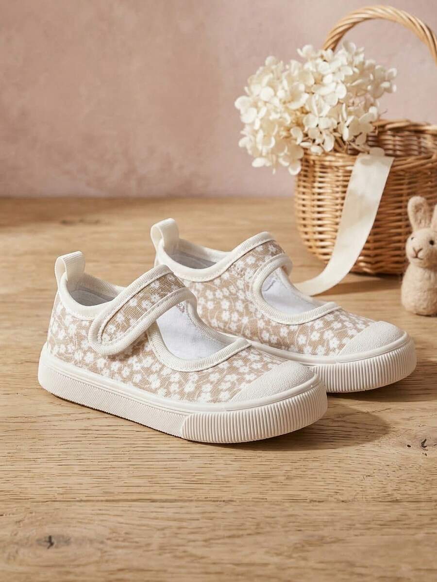 1 paire de baskets décontractées à tige basse en canevas avec motif floral mignon pour bébés filles, confortables pour le port en extérieur au printemps et en automne - Beige - Voir 1