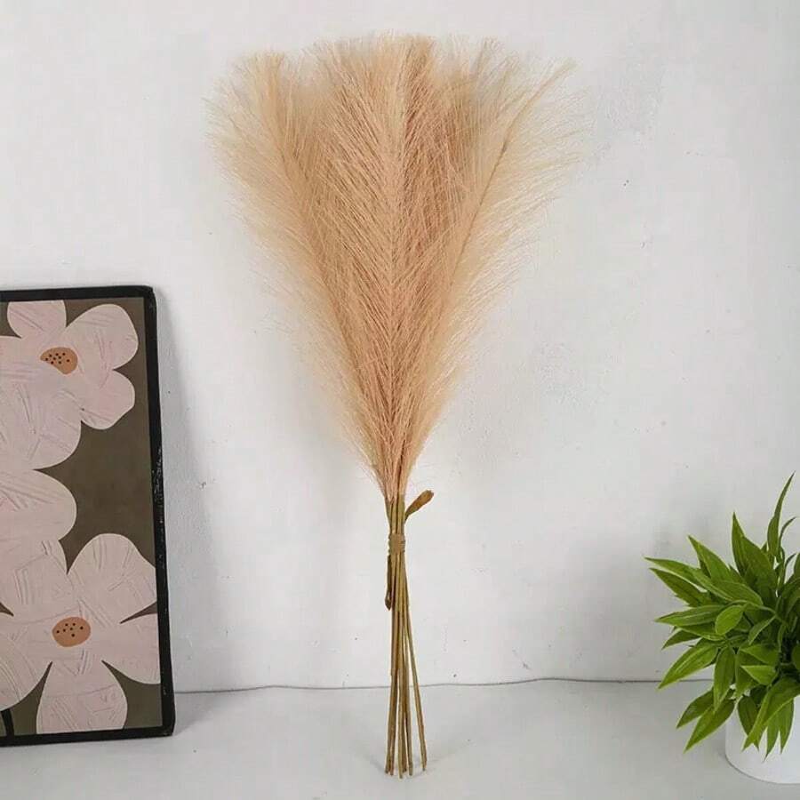 10/20/50pcs Brown Artificial Pampas Grass, Faux Reeds, Tall And Fluffy, Fake Flowers, Reed Grass, Artificial Plants, Boho Style Decor, Suitable For Wedding Party Decoration, Home Living Room Bedroom Decor, Vase Filler, DIY Photography Props, Autumn Decoration - Brown - View 1