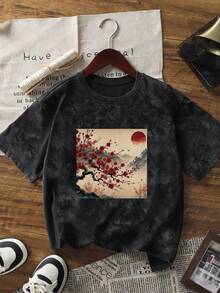 夏季新款休闲扎染红色太阳树枝印花圆领短袖T恤，时尚百搭女式上衣，黑色 - 黑色 - 查看 2