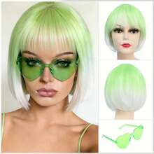 Cyberpunk Bob Wig & Glasses Set - 20+ Neon Colors With Adjustable Fringe | Multi-Tone Synthetic Hair For Cosplay, Rave, Halloween & Daily Bold Fashion (Hot Red/Lime Green/Orange/Light Pink/Plum Purple/Neon Blue/Neon Lilac/Golden Blonde/Black) - 薄荷綠 - 查看 4