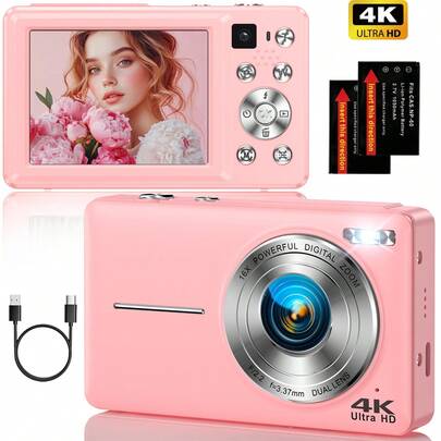 Nicamery 4K数码相机，6400万像素自动对焦Vlog相机，双镜头，16倍数码变焦，便携式旅行相机，适合青少年和初学者，防抖，配备2块电池