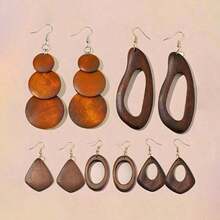 5pairs/Set Vintage Brown Solid Wood Pendant Earrings - màu nâu - Xem 8