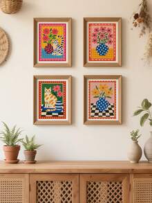 4 Pieces Retro Cartoon Cat And Flower Vase Canvas Wall Art Set Dopamine Color Checkerboard Matisse Poster Ins Aesthetic Combination Painting For Living Room Bedroom Home Wall Decor No Frame - Cartoon - View 4