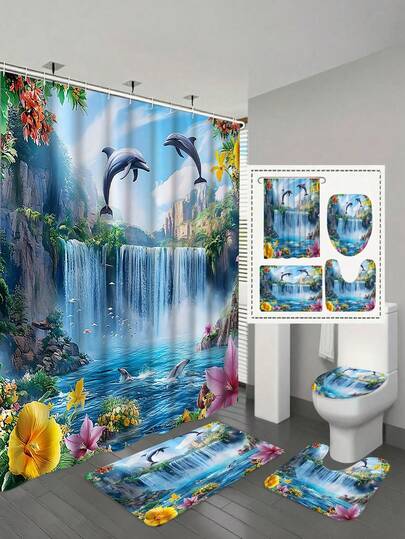 1/4 Set Dolphin Waterfall Pattern Creative Shower Curtain, Bathroom Curtain Set Includes 12 Hooks, Non-Slip Bath Mat, U-Shaped Toilet Mat, Horse-Shaped Bucket Seat Cushion, Bathroom Decor