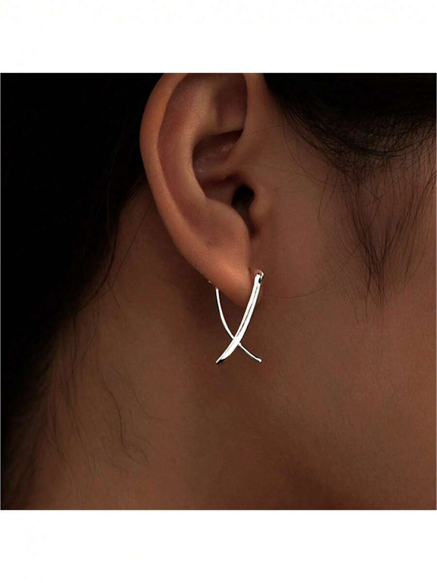 Bông tai hình chữ thập hình học bằng bạc S925, kiểu dáng thanh lịch và độc đáo dành cho nữ. - Bạc - Xem 1