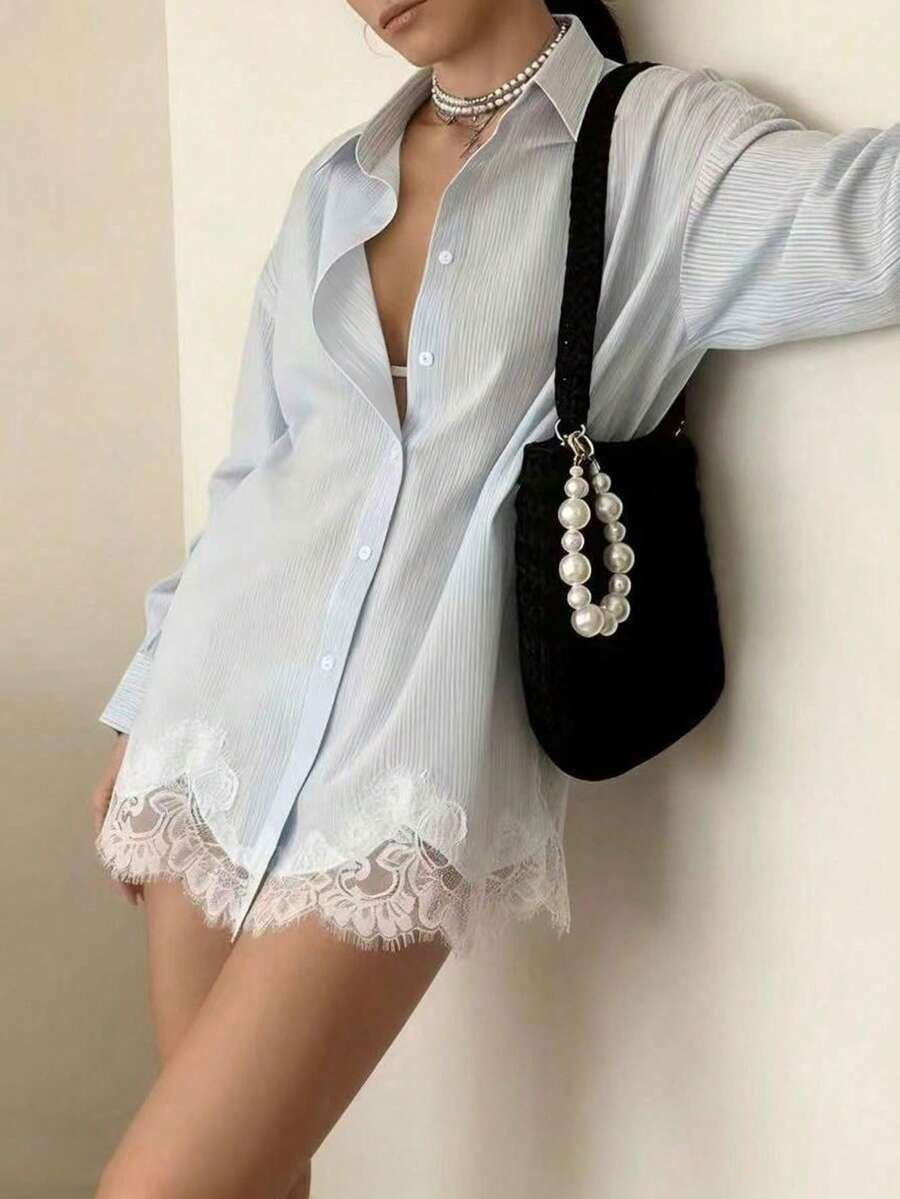 Áo sơ mi nữ tay dài kẻ sọc bằng vải chiffon với viền ren thanh lịch, dáng regular fit, thích hợp cho mùa xuân. - Rửa nhẹ - Xem 1