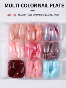216 piezas (9 colores mixtos/caja) Pegatinas de uñas cortas ovaladas mágicas metálicas brillantes, juego de uñas postizas acrílicas de ajuste perfecto, diseño de degradado colorido y metálico, incluye 1 pegamento y 1 lima de uñas, adecuado para uso diario y de fiesta de mujeres - Multicolor - Ver 5