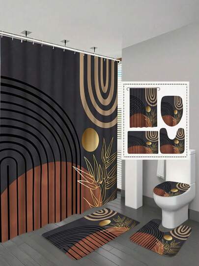 1/4 Set - Abstract Bohemian Style Shower Curtain Set, Modern Brown-Gray Neutral Fashion Leaf Medieval Minimalist Waterproof Shower Curtain With 12 Hooks, Non-Slip Bathroom Mat, Toilet Seat Cover, U-Shaped Mat, Home Decor