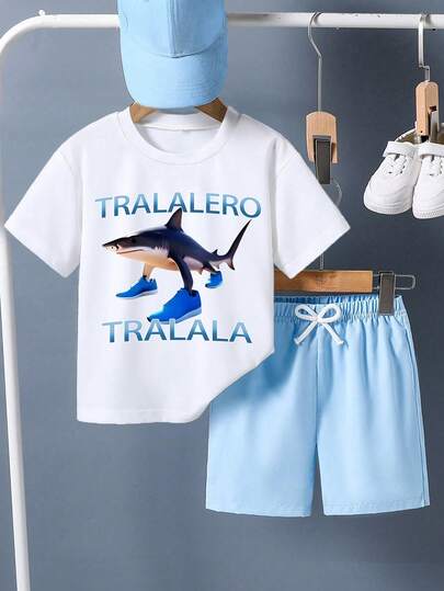 Baby Boy Summer Casual Vacation & Daily Shark Letter Print Short Sleeve T-Shirt And Shorts Set