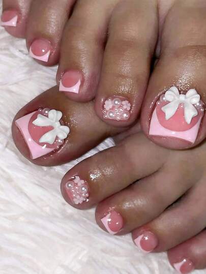 French Bow Acrylic Toenails 24Pcs Short, Square-Shaped Press On Nails With White Bead Embellishments. This 3D Artificial Toenail Set Is Perfect For Nail Salons, Everyday Wear, Holiday Parties, And As A Gift.