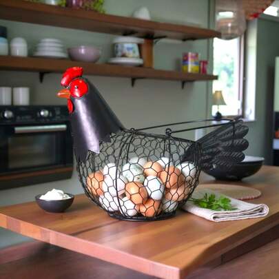 Giỏ đựng trứng hình gà kiểu nông trại bằng kim loại, có tay cầm, thích hợp để trên mặt bàn, trong tủ đựng thực phẩm, phòng ăn và trưng bày bữa sáng, quà tặng Ngày của Mẹ, hộp đựng trứng nhà bếp.