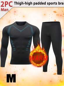 Two Piece Boyfriend Style Men's Set, Men's Compression Set, Quick Drying Fitness Set, Wool Lined Leggings And Pants, Long Sleeved Exercise Training Set, Sports Bra And Leggings, Suitable For Gym Wear, Boyfriend Gift Selection - Black - View 9