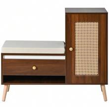 Shoe Cabinet, Rattan Entryway Bench With Shoe Storage And Seat Cushion – Multifunctional Entryway Bench With Drawers And Open Compartments, One Cupboard Door - Brown - View 6