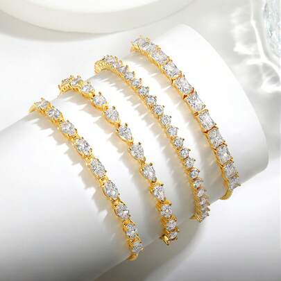 MDFUN 18K White|Yellow Gold Plated Tennis Bracelets 5A+ Cubic Zirconia Dainty Bracelet Round|Oval|Pear-Shaped|Rectangle CZ Tennis Bracelet For Women Mom Stackable Gifts- Adjustable Slider