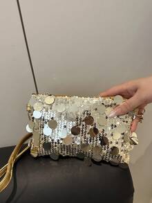 1 chiếc túi vuông nhỏ bằng PVC đính sequin, kiểu dáng chần bông, có thể đóng mở, dùng làm ví đựng tiền xu và điện thoại, túi dự tiệc, túi đeo chéo thời trang mới, túi đeo vai lấp lánh sang trọng, phù hợp cho phụ nữ tham dự tiệc và các sự kiện. - Vàng - Xem 5