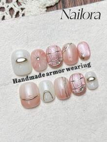 10pcs Handmade Nails Square Nails Acrylic Press On Nails Short, Gentle Pink White Nails, Flashy Cat-Eye, Hand-Painted 3D Carved Flower Embossed Floral Check Pattern Irregular Metallic Lines, Pearl Inlaid, Simple Elegant Luxury Spring Nails,Summer Press On Nail, DIY False Nail Art Party Daily & Dating Suitable Use In Work Setting Reusable, For Women & Girls As Gift Nail Supplies - Pink - View 3