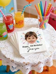 Customized Birthday Photo Napkins With Name, Personalized Face Pattern Children's Party Napkins, 5th Birthday Celebration Party, Back To School - Multicolor - View 7
