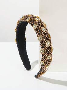 1pc Black Sponge High Crown Retro Baroque Women's Headband, Rhombus Fully Studded Shiny Elegant Ball Gown Headpiece, Versatile Hair Accessory - Brown - View 4