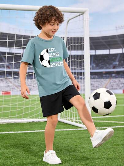 2pcs/Set Boys' Casual Slogan & Football Print Short Sleeve T-Shirt And Shorts Summer Outfit