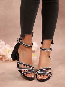 2026新款夏季镶钻方头粗跟凉鞋，女士款 - 黑色 - 查看 7