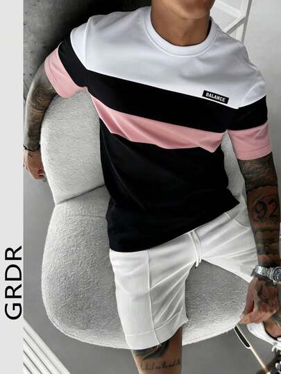 GRDR 1 Peça Camiseta Masculina de Manga Curta com Gola Redonda, Estilo Casual de Negócios, Cores Contrastantes, Novidade de Verão