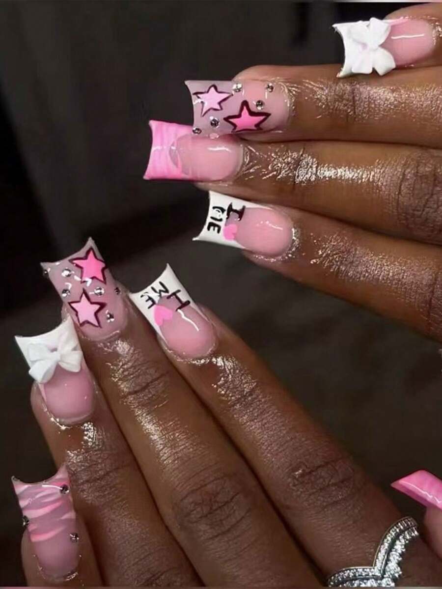 24片Y2K长款鸭嘴星形图案粉色法式、白色法式按压式美甲贴纸，带水钻装饰、3D白色蝴蝶结，亚克力假指甲套装包括：1片果冻凝胶和1个指甲锉，鸭嘴法式美甲，适合女性和女孩日常DIY、节日派对等。 - 彩色 - 查看 1