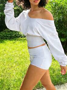 2 Stücke Damen leichte Shorts und Langarm-Top Set, lässiger Sportswear Streetwear Outfit - Weiss - Übersicht 3