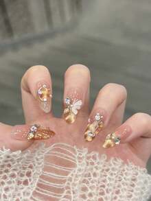 10pcs/Set Press On Nail Art, Dream Summer Ripples, Butterfly, Pile Of Rhinestones, Flashy, Cat's Eye, Wave Pattern, Hand Painted Balloons, Handmade Wearable Nail Art. - Multicolor - View 4