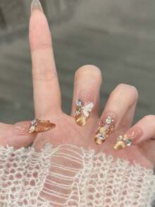 10pcs/Set Press On Nail Art, Dream Summer Ripples, Butterfly, Pile Of Rhinestones, Flashy, Cat's Eye, Wave Pattern, Hand Painted Balloons, Handmade Wearable Nail Art. - Multicolor - View 2