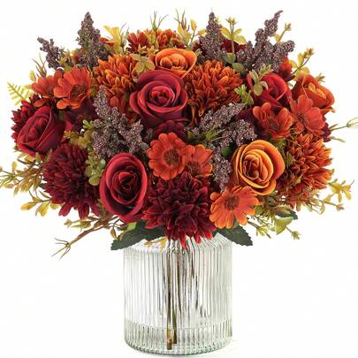 Artificial Flowers Like Real Artificial Bouquet 4 Packs Silk Artificial Roses Bouquet With Daisy Chrysanthemum Orange Red Flowers For Centerpiece Table Wedding Party Home Decor