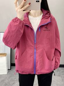 Áo khoác gió nữ mùa xuân/thu, áo khoác thể thao ngoài trời chống thấm nước, áo mưa có mũ nhẹ thoáng khí thích hợp cho chạy bộ, đạp xe, leo núi. - Màu Hồng Tươi - Xem 4