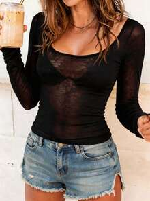 FLEXCHIC 弹力透视长袖圆领修身休闲上衣 - 黑色 - 查看 2