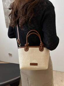 2025 Women's Woven One Shoulder Crossbody Bag, Large Capacity Vacation Beach Tote Handbag, Commuter - White - View 5