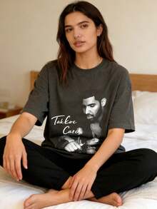 Vintage Drake Take Care Album Graphic Washed Black T-Shirt, Women's Hip Hop Streetwear Crew Neck Tee - màu đen - Xem 5