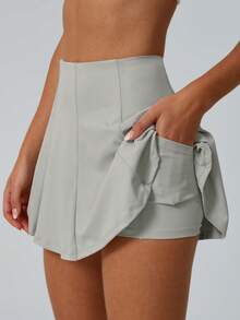 NcmRyu 1pc Women Solid Color Elastic Lining Shorts With Pockets, Sports Tennis Skirt - Grey - View 7
