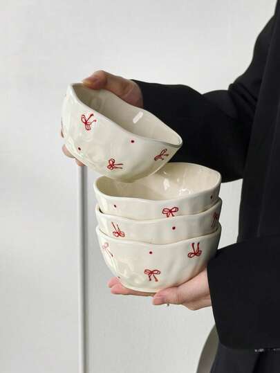 Bộ 1/2/4 bát sứ tráng men dễ thương với họa tiết chấm bi và nơ, thích hợp đựng cơm, ngũ cốc, salad, mì ống, dùng trong gia đình, quà tặng ngày lễ cho gia đình và bạn bè.