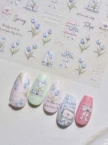 1 pieza Marco de fotos con relieve de sobre, ramo de tulipanes azules y rosas, lazo y plantas de primavera románticas, pegatinas de arte de uñas 5D para manicura - Multicolor - Ver 2